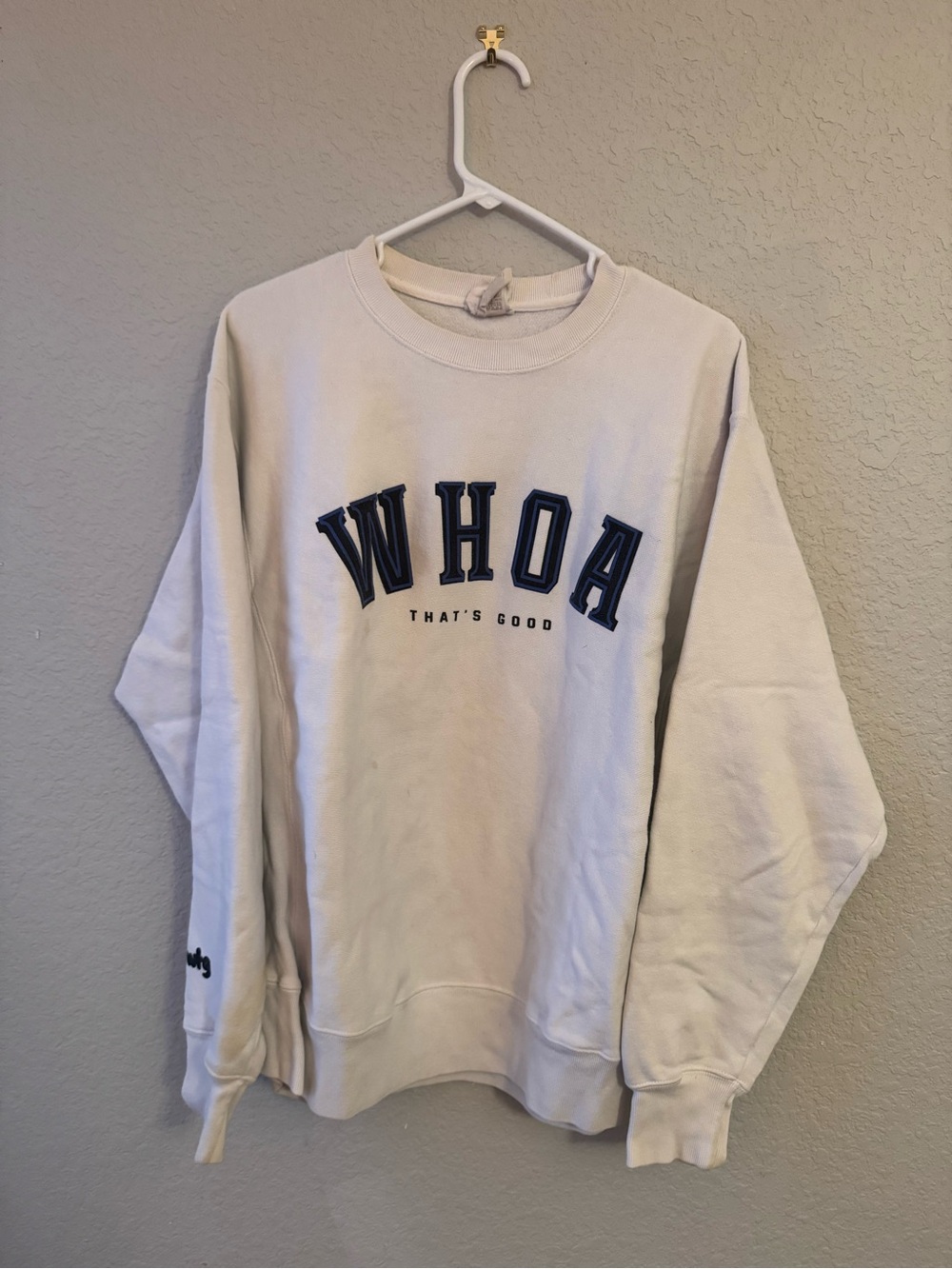 Whoa That’s Good- Sadie Robertson Champion Cream Crewneck Sweatshirt with Navy